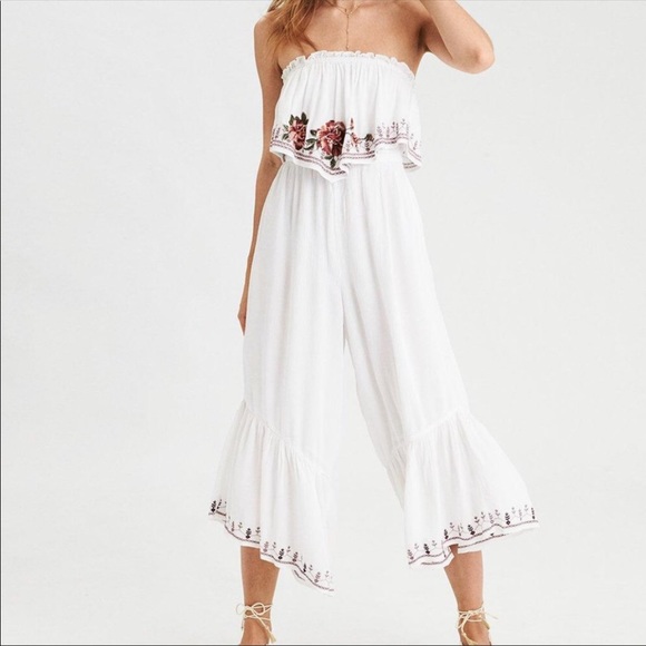 American Eagle Outfitters Pants - AEO embroidered boho strapless ruffled jumpsuit, size M, NWT!